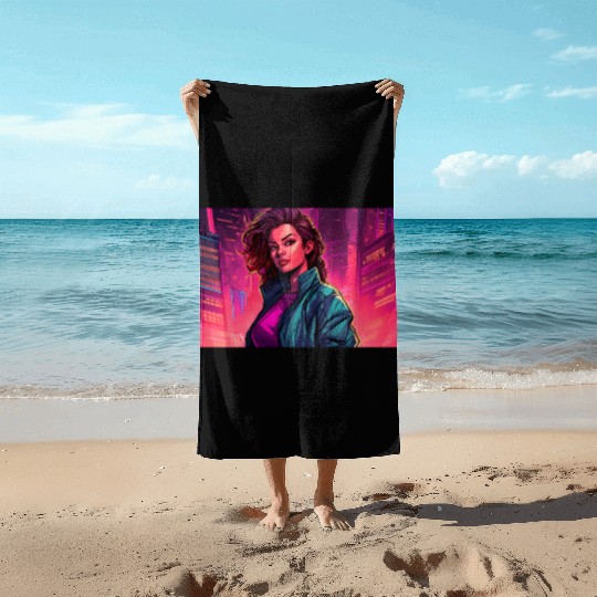 Girl in front of a Neon Pink Cityscape Beach Towels