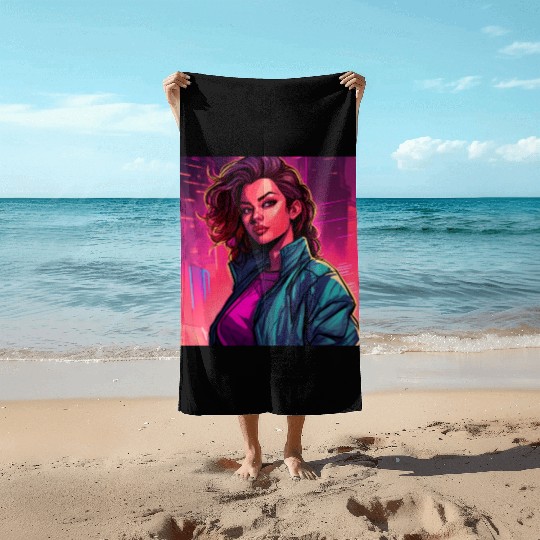 Synthwave City Bloom - Neon Pink Cityscape Beach Towels