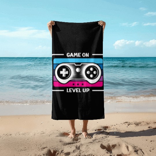 Game on level up illustration in black Beach Towels