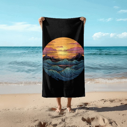 serene ocean sunset with large waves (3) Beach Towels