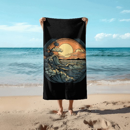 serene ocean sunset with large waves (4) Beach Towels