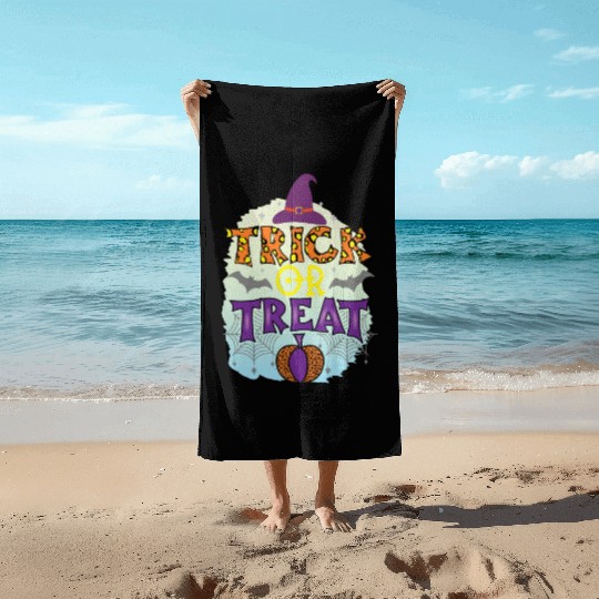 Trick Or Treat Happy Halloween Purple Quote Beach Towels