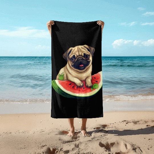 Pug with Melon, Funny Summer Design for Dog Lovers Beach Towels