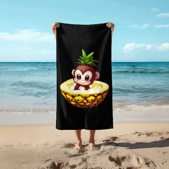 Monkey Chimpanzee with Pineapple, Funny Tropical Beach Towels