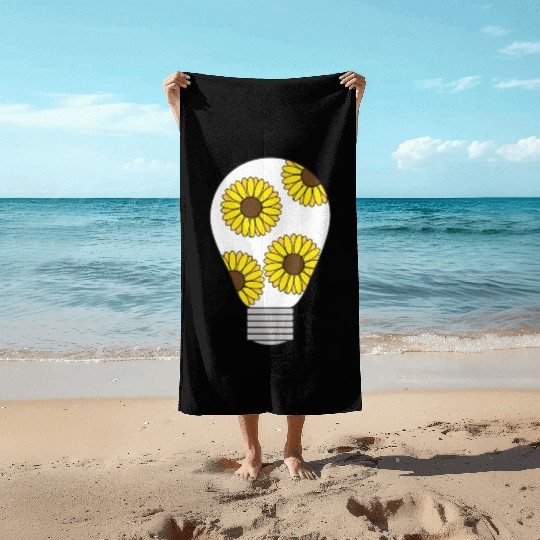 Light Bulb With Yellow Sunflowers Beach Towels