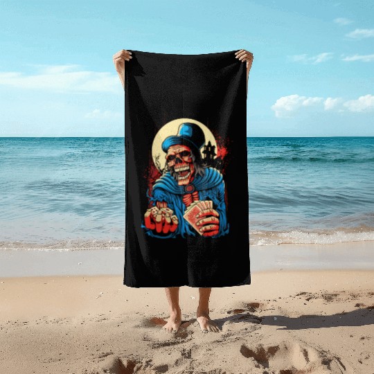 skeleton holding playing cards and dice art Beach Towels