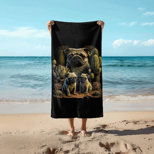 Paws in the Sands: A Charming Pug Family in the De Beach Towels