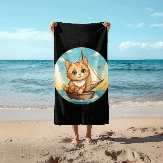 Sailing Cat on Sailboat, Sunset Animal Design Beach Towels