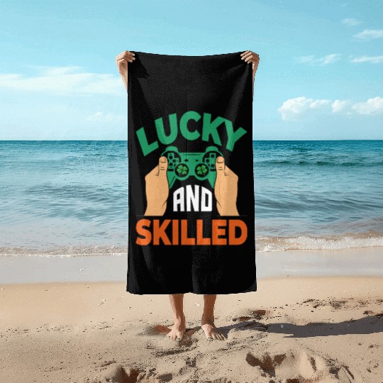Lucky And Skilled Funny Irish Gamer Video Game Beach Towels