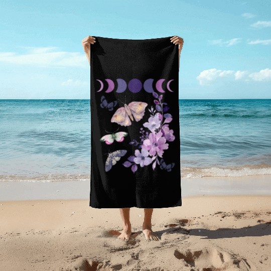 Violet Purple Moon Moth Flower Beach Towels