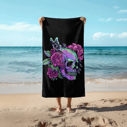 Skeleton Beach Towels, Neon Skull Roses Gothic Skeleton
