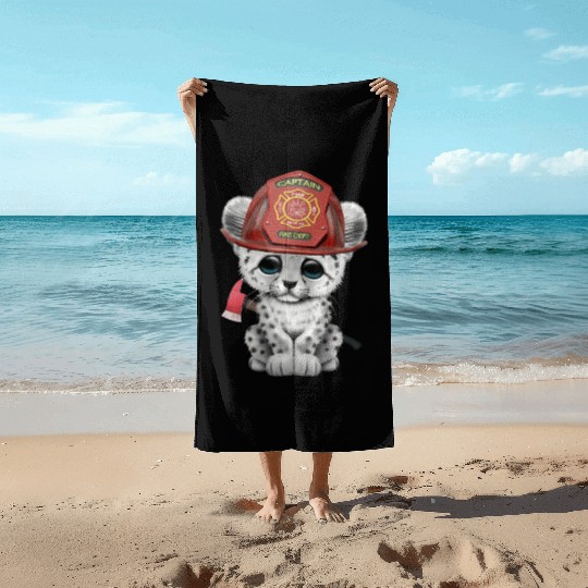Cute Snow Leopard Cub Firefighter Beach Towels