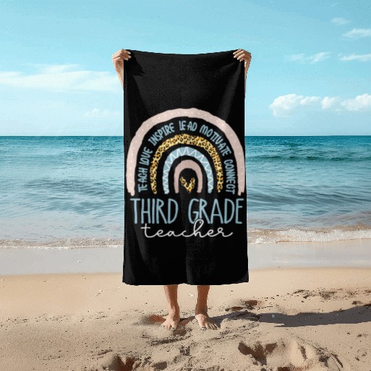 Third Grade Teacher Leopard Rainbow Beach Towels