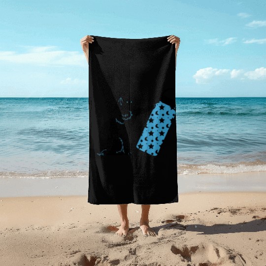 Black Cat And Blue Water Bottle Beach Towels