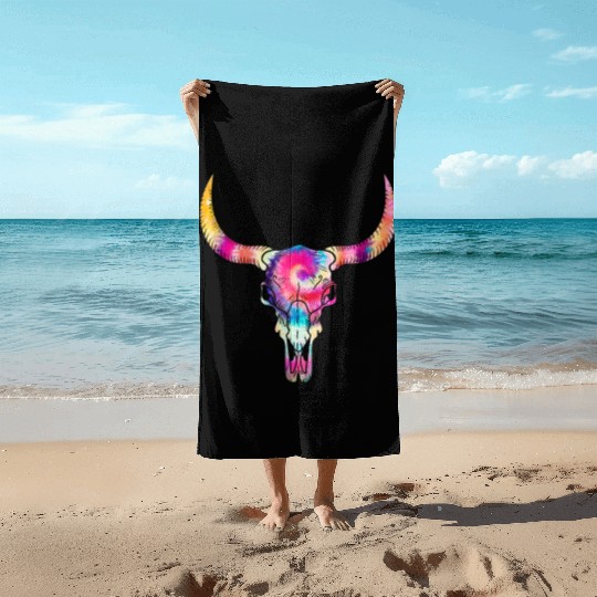 Cow Beach Towels, Cow Skull Tie Dye Watercolor Beach Towels, Cow