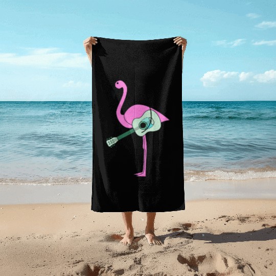 Flamingo With Guitar Beach Towels