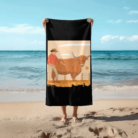 Farmer With Highland Cow Beach Towels