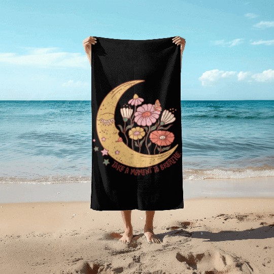 SELF CARE Beach Towels, Moon Face, Wild Flower Beach Towels