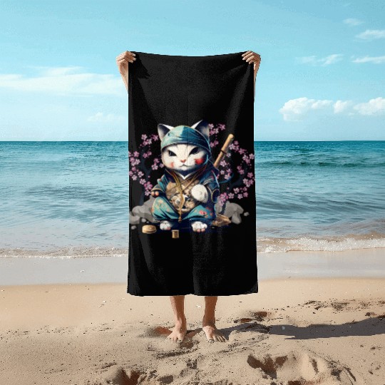 Samurai Cat Anime Kawaii Japanese Style Beach Towels