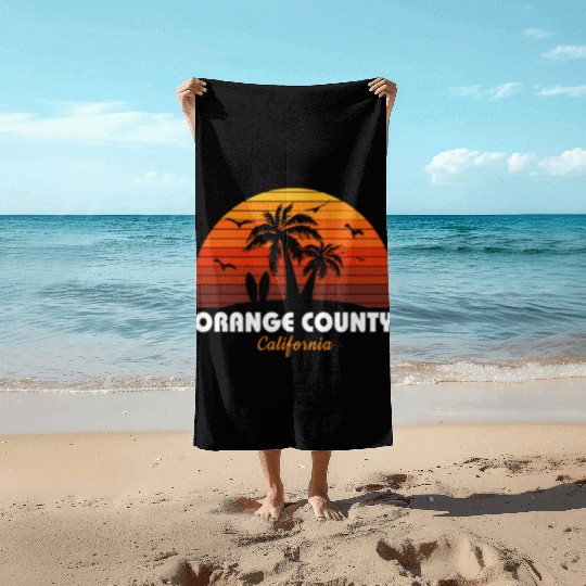 Retro Orange County California Sunset Cool Beach Towels