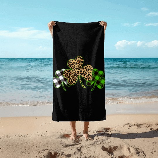 St Patricks Day Leopard Print Plaid Shamrock Beach Towels