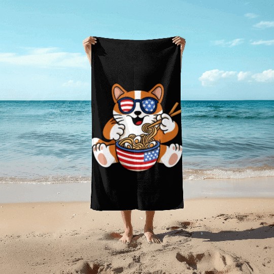 American Flag Cat Eating Ramen Food Lover Design Beach Towels