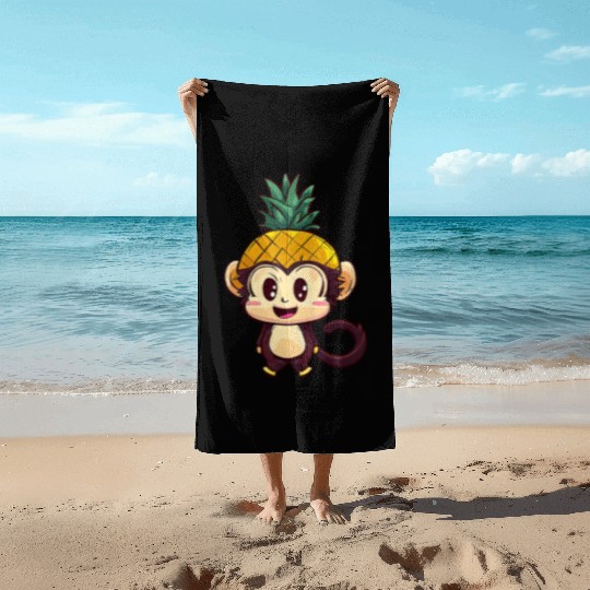 Tropical monkey with pineapple helmet Beach Towels