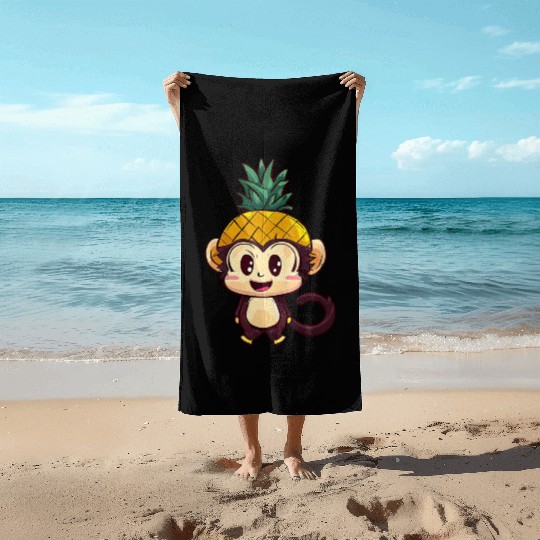 Tropical monkey with pineapple helmet Beach Towels