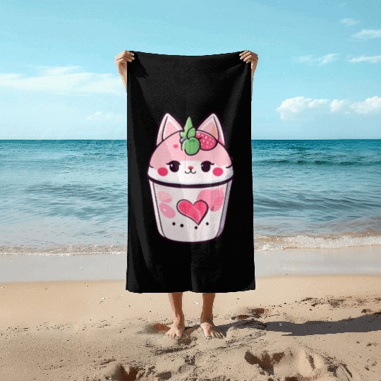 Cat Strawberry Milk Shake Kawaii Beach Towels