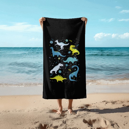 Space Dinosaurs In Bright Green And Blue Beach Towels