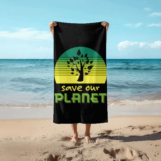 Save Our Planet Retro Sunset Green Beach Towels