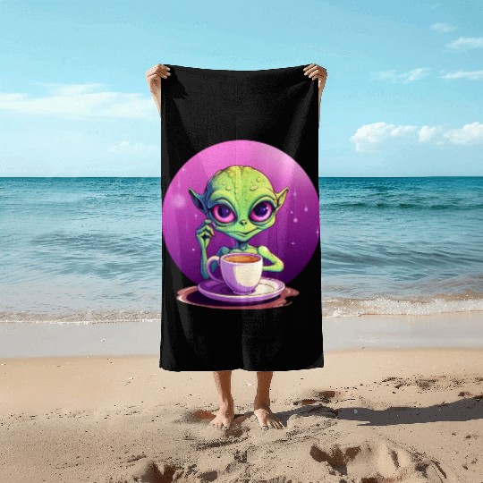midnight Coffee: The Green Alien Drinker Beach Towels