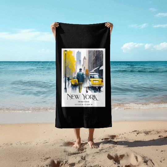 Watercolor painting loving couple in New York City Beach Towels