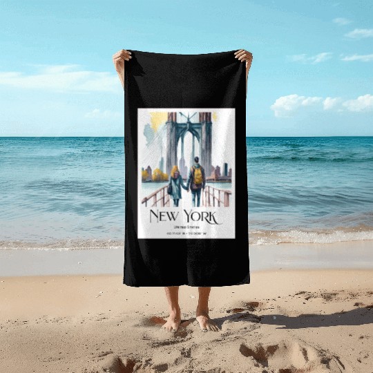 Watercolor painting loving couple in New York City Beach Towels