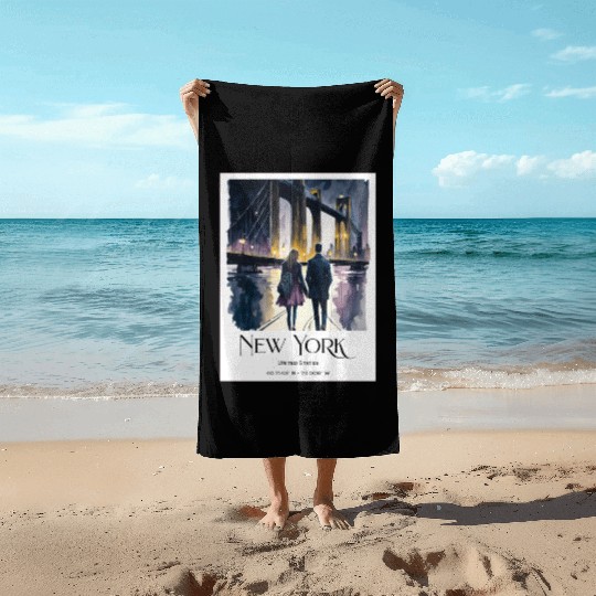 Watercolor painting loving couple in New York City Beach Towels