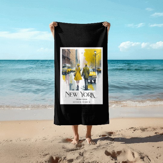 Watercolor painting loving couple in New York City Beach Towels