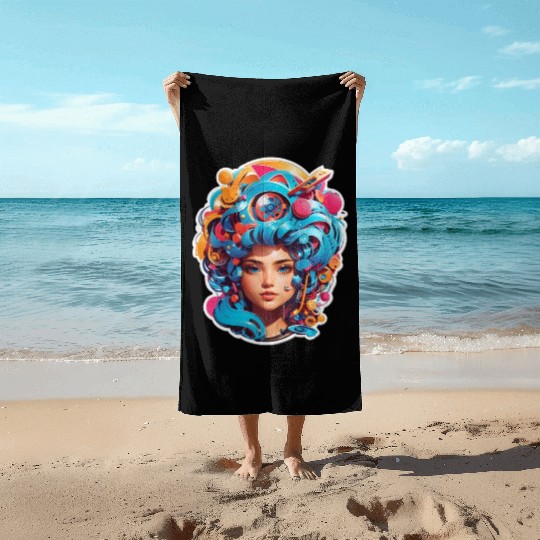 Psychedelic girl with multi color hair. futuristic Beach Towels