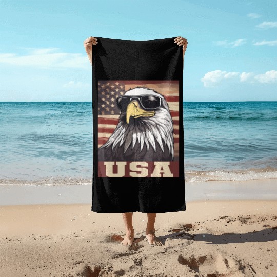 gift idea bald eagle american flag Beach Towels