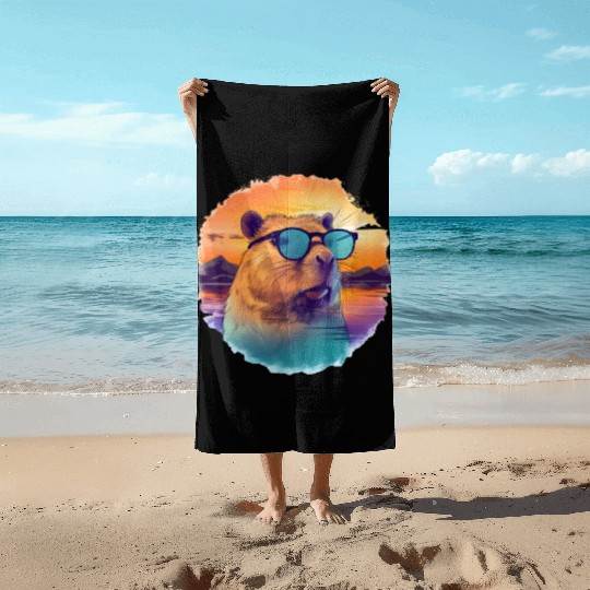 Sunset Serenity: Rustic Capybara Stripe Illustrate Beach Towels