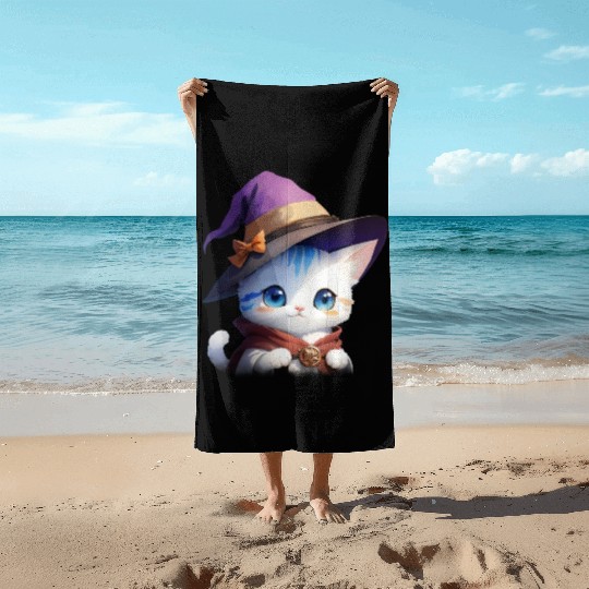 Cute Watercolor Witch Cat Beach Towels