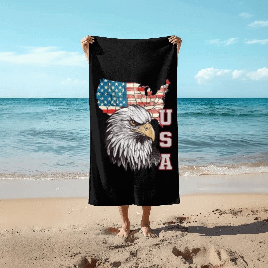 gift idea bald eagle american flag Beach Towels