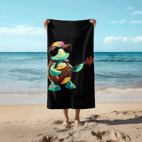 Tropical turtle with guitar Beach Towels