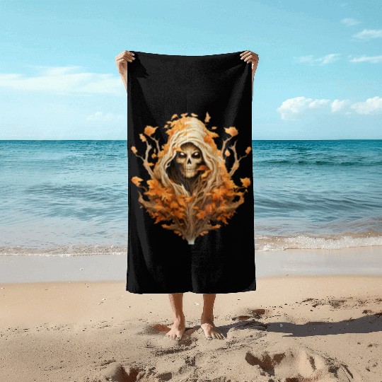 Halloween Autumn with Skull Tree and Grim Reaper Beach Towels