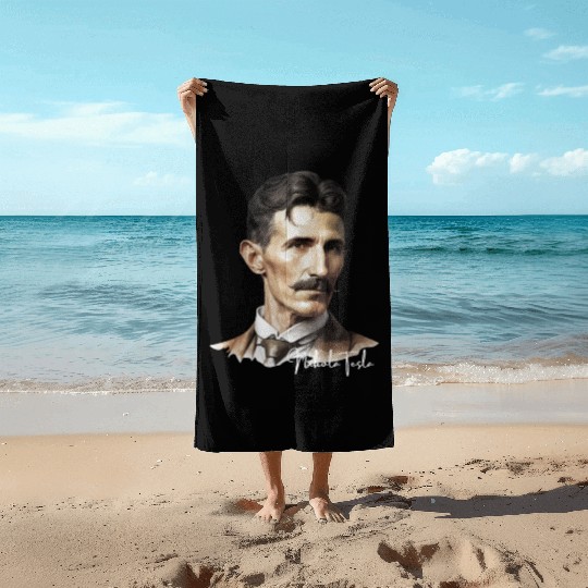 Artistic Illustration of Nikola Tesla Beach Towels