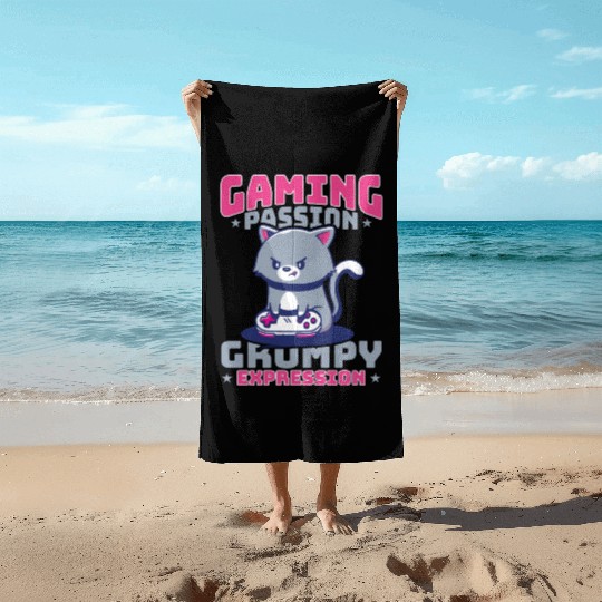 Gaming, Gaming, Video Game, Grumpy Cat Gamer Beach Towels