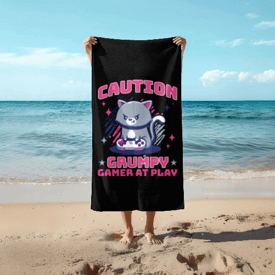 Gaming, Gaming, Video Game, Grumpy Cat Gamer Beach Towels