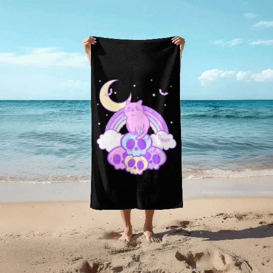 Pastel Goth Cat Skull Lover Cute Gothic Yami Beach Towels