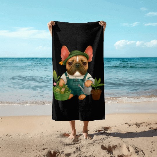 Frenchie The Gardener Drawing Beach Towels
