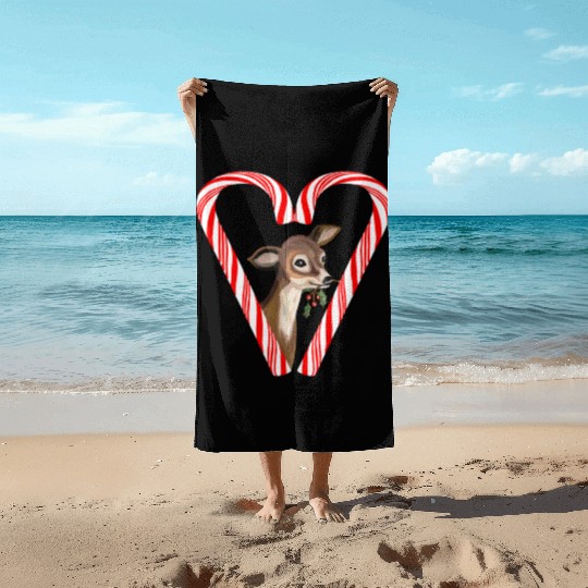 Baby Deer Peeking from Candy Cane Heart Beach Towels