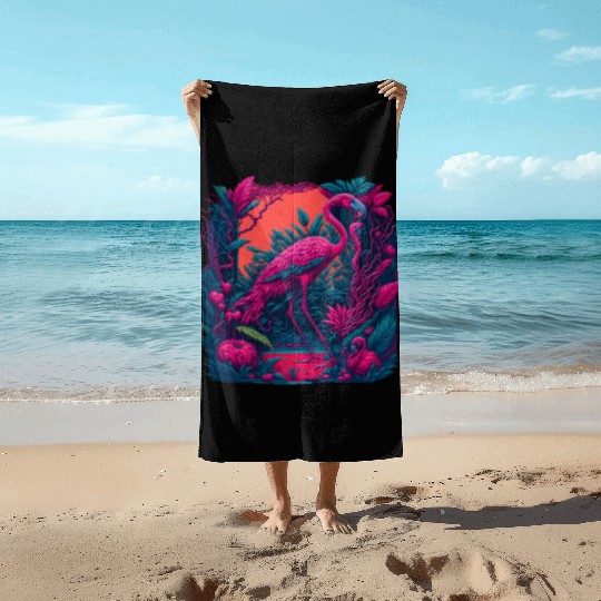 Neon flamingo Beach Towels